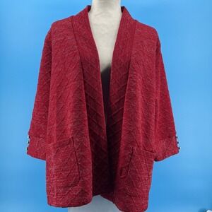 Women's Red Knit Cardigan Open Front Sweater 3/4 Sleeves Ribbed Cuffs Petite Lg